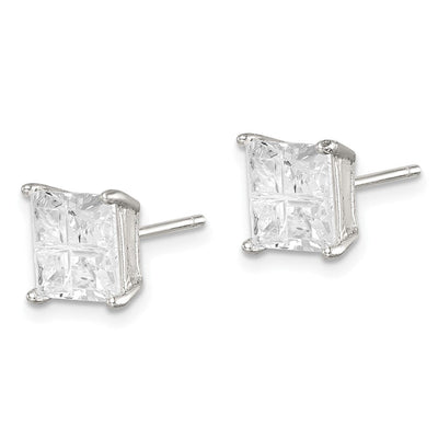 Sterling Silver Square Cross-cut CZ Basket Set Stud Earrings, 7 x 7mm