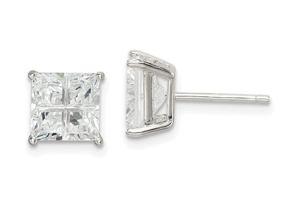 Sterling Silver Square Cross-cut CZ Basket Set Stud Earrings (Style QE7520)