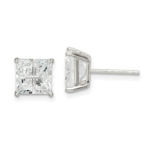 Sterling Silver Square Cross-cut CZ Basket Set Stud Earrings (Style QE7520)