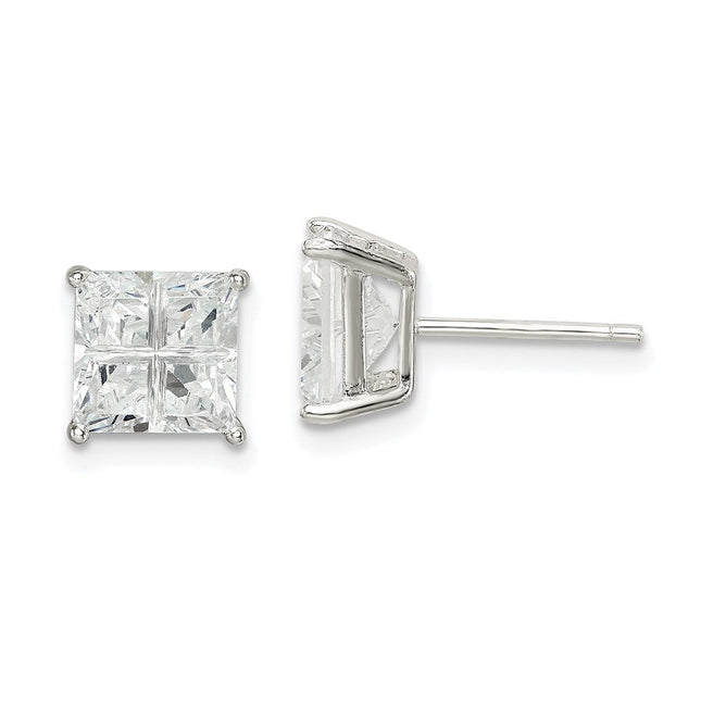 Sterling Silver Square Cross-cut CZ Basket Set Stud Earrings, 7 x 7mm