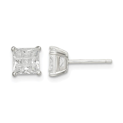 Sterling Silver Square Laser-cut CZ Basket Set Stud Earrings, 5 x 5mm