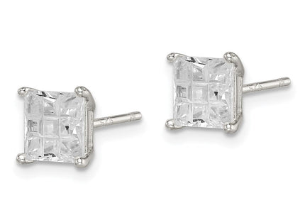 Sterling Silver Square Laser-cut CZ Basket Set Stud Earrings (Style QE7530)