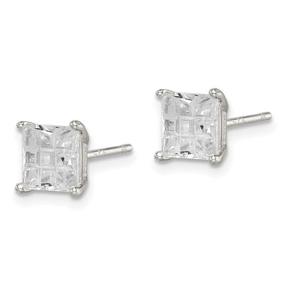 Sterling Silver Square Laser-cut CZ Basket Set Stud Earrings, 6 x 6mm