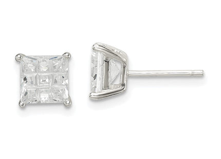 Sterling Silver Square Laser-cut CZ Basket Set Stud Earrings (Style QE7530)