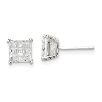 Sterling Silver Square Laser-cut CZ Basket Set Stud Earrings, 6 x 6mm