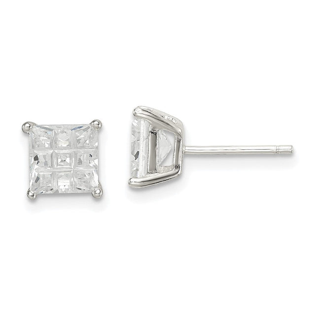 Sterling Silver Square Laser-cut CZ Basket Set Stud Earrings, 6 x 6mm
