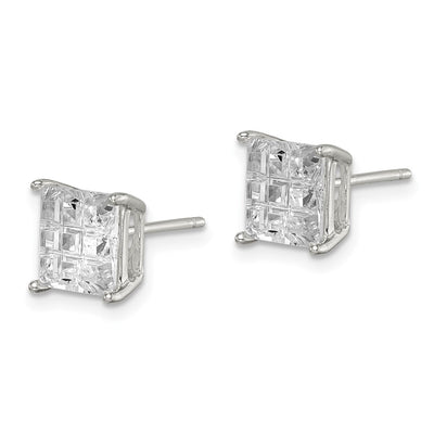 Sterling Silver Square Laser-cut CZ Basket Set Stud Earrings, 7 x 7mm