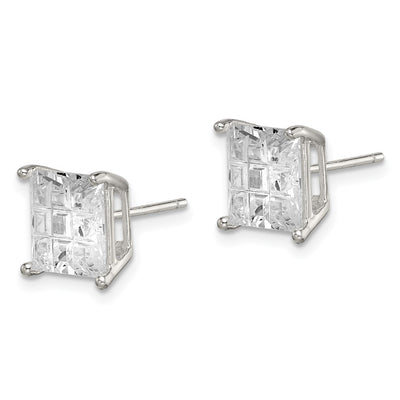 Sterling Silver Square Laser-cut CZ Basket Set Stud Earrings, 8 x 8mm