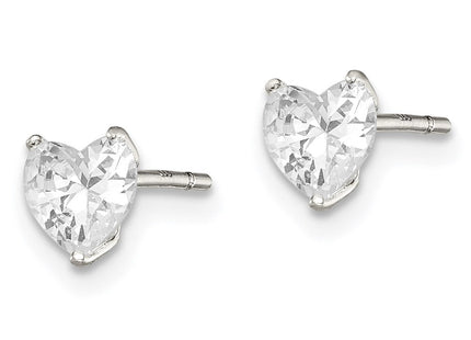 Sterling Silver Polished Heart 3 Prong Basket Set CZ Stud Earrings (Style QE7536)
