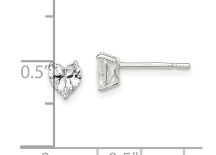 Sterling Silver Polished Heart 3 Prong Basket Set CZ Stud Earrings (Style QE7536)