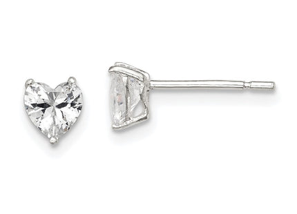 Sterling Silver Polished Heart 3 Prong Basket Set CZ Stud Earrings (Style QE7536)