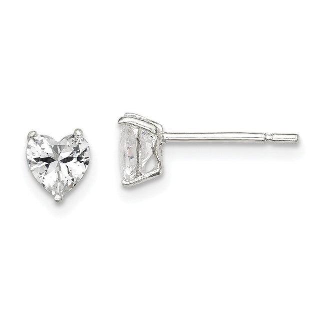 Sterling Silver Polished Heart 3 Prong Basket Set CZ Stud Earrings, 5 x 5mm
