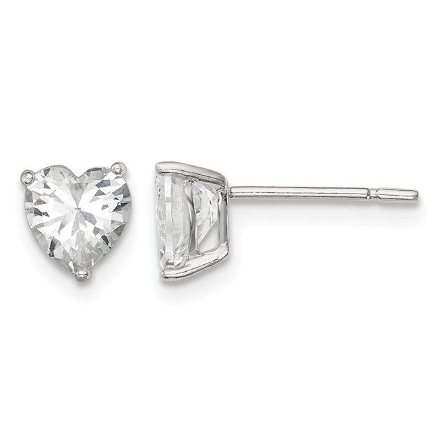 Sterling Silver Polished Heart 3 Prong Basket Set CZ Stud Earrings, 6 x 6mm