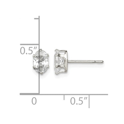 Sterling Silver Polished Oval Snap Set CZ Stud Earrings, 6 x 4mm