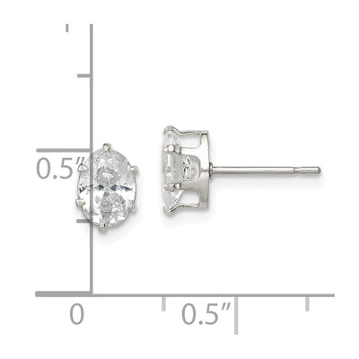 Sterling Silver Polished Oval Snap Set CZ Stud Earrings, 7 x 5mm