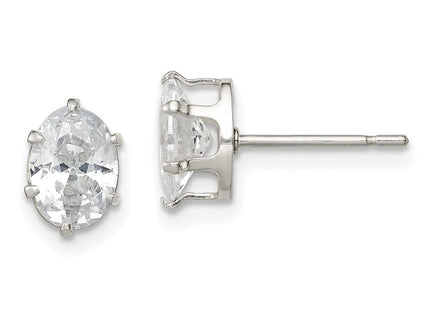 Sterling Silver Polished Oval Snap Set CZ Stud Earrings (Style QE7544)