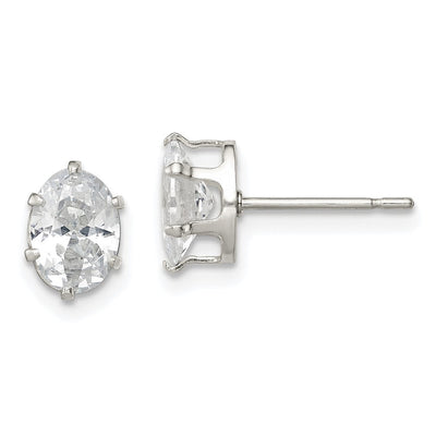 Sterling Silver Polished Oval Snap Set CZ Stud Earrings, 7 x 5mm