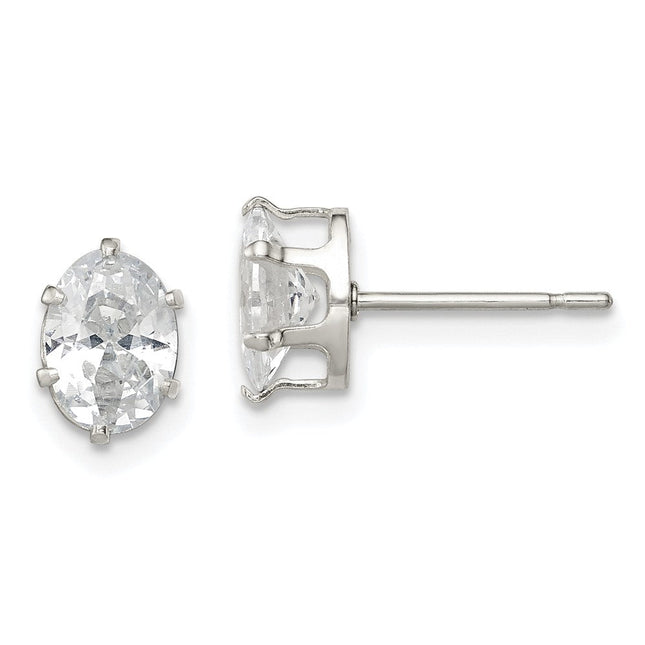 Sterling Silver Polished Oval Snap Set CZ Stud Earrings, 7 x 5mm