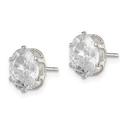 Sterling Silver Polished Oval Snap Set CZ Stud Earrings, 8 x 6mm