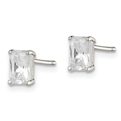 Sterling Silver Polished Emerald-cut Basket Set CZ Stud Earrings, 6 x 4mm