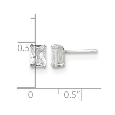 Sterling Silver Polished Emerald-cut Basket Set CZ Stud Earrings, 6 x 4mm