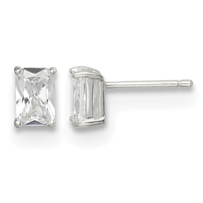 Sterling Silver Polished Emerald-cut Basket Set CZ Stud Earrings, 6 x 4mm