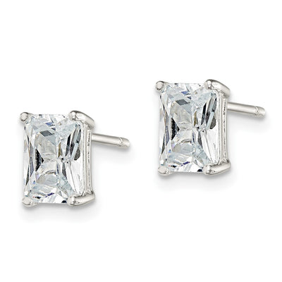 Sterling Silver Polished Emerald-cut Basket Set CZ Stud Earrings, 7 x 5mm