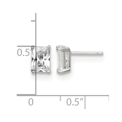 Sterling Silver Polished Emerald-cut Basket Set CZ Stud Earrings, 7 x 5mm