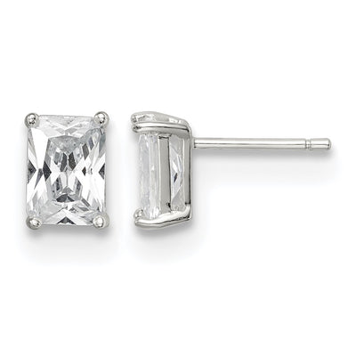 Sterling Silver Polished Emerald-cut Basket Set CZ Stud Earrings, 7 x 5mm
