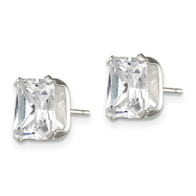 Sterling Silver Polished Emerald-cut Basket Set CZ Stud Earrings, 8 x 6mm
