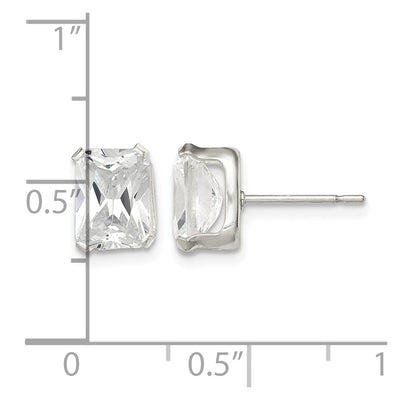 Sterling Silver Polished Emerald-cut Basket Set CZ Stud Earrings, 8 x 6mm
