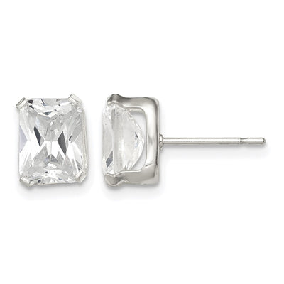 Sterling Silver Polished Emerald-cut Basket Set CZ Stud Earrings, 8 x 6mm