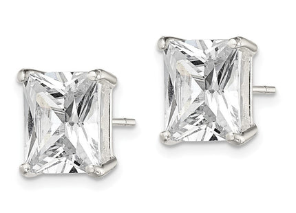 Sterling Silver Polished Emerald-cut Basket Set CZ Stud Earrings