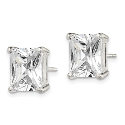 Sterling Silver Polished Emerald-cut Basket Set CZ Stud Earrings, 10 x 8mm