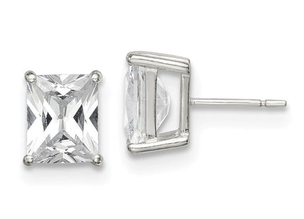 Sterling Silver Polished Emerald-cut Basket Set CZ Stud Earrings