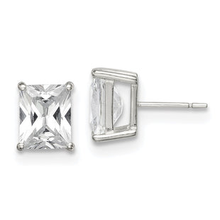 Sterling Silver Polished Emerald-cut Basket Set CZ Stud Earrings