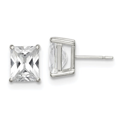 Sterling Silver Polished Emerald-cut Basket Set CZ Stud Earrings, 10 x 8mm