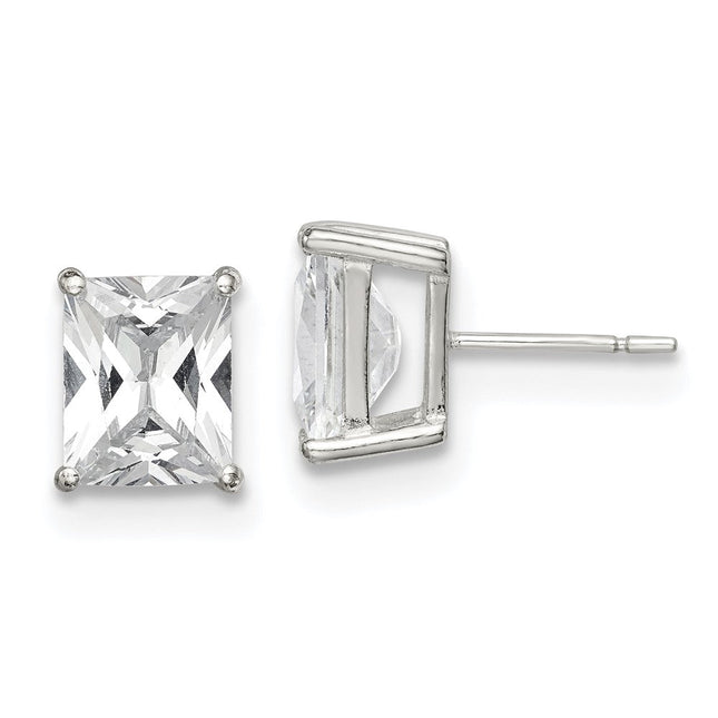 Sterling Silver Polished Emerald-cut Basket Set CZ Stud Earrings, 10 x 8mm