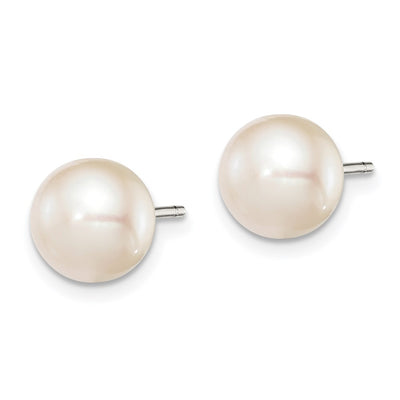 Sterling Silver Rhodium-plated White Button Freshwater Cultured Pearl Post Earrings, 8 to 8.5 x 8 to 9mm