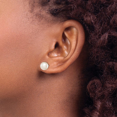 Sterling Silver Rhodium-plated White Button Freshwater Cultured Pearl Post Earrings, 8 to 8.5 x 8 to 9mm