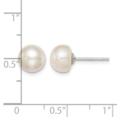 Sterling Silver Rhodium-plated White Button Freshwater Cultured Pearl Post Earrings, 8 to 8.5 x 8 to 9mm