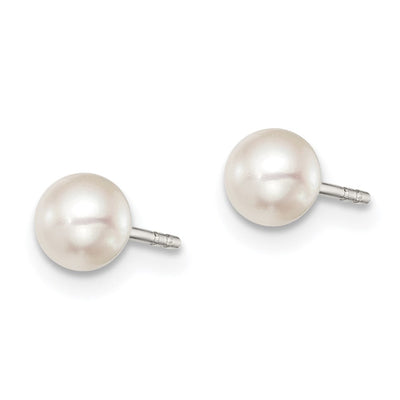 Sterling Silver Rhodium-plated White Button Freshwater Cultured Pearl Post Earrings, 4 to 4.5 x 4 to 5mm