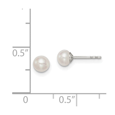 Sterling Silver Rhodium-plated White Button Freshwater Cultured Pearl Post Earrings, 4 to 4.5 x 4 to 5mm