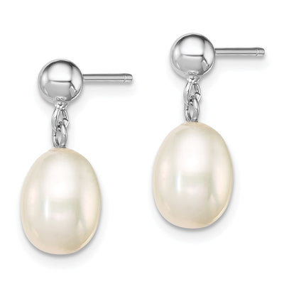 Sterling Silver Rhodium-plated White Rice Freshwater Cultured Pearl Post Dangle Earrings, 17 x 7 to 7.5mm