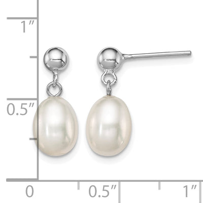 Sterling Silver Rhodium-plated White Rice Freshwater Cultured Pearl Post Dangle Earrings, 17 x 7 to 7.5mm