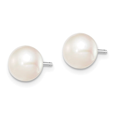 Sterling Silver Rhodium-plated White Button Freshwater Cultured Pearl Post Earrings, 7 to 7.5 x 7 to 8mm