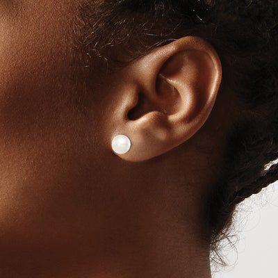 Sterling Silver Rhodium-plated White Button Freshwater Cultured Pearl Post Earrings, 7 to 7.5 x 7 to 8mm