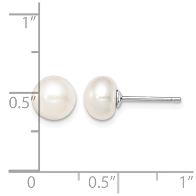 Sterling Silver Rhodium-plated White Button Freshwater Cultured Pearl Post Earrings, 7 to 7.5 x 7 to 8mm