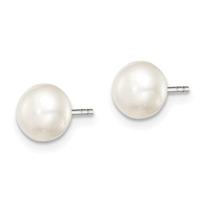 Sterling Silver Rhodium-plated White Button Freshwater Cultured Pearl Post Earrings, 6 to 6.5 x 6 to 7mm