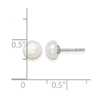 Sterling Silver Rhodium-plated White Button Freshwater Cultured Pearl Post Earrings, 6 to 6.5 x 6 to 7mm